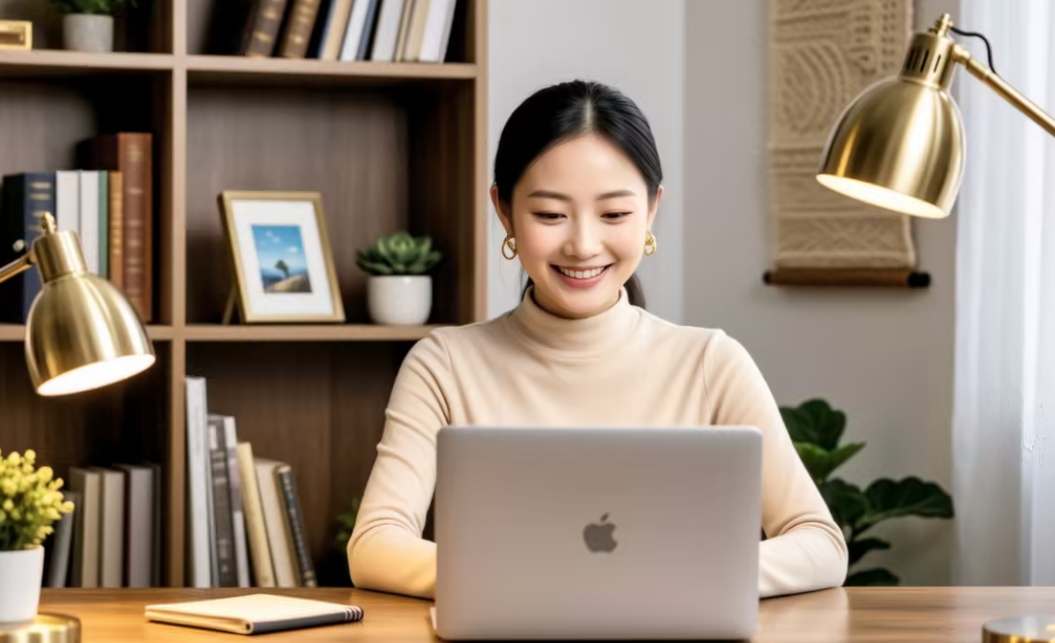 A person smiling during a video call on a laptop, warm home lighting