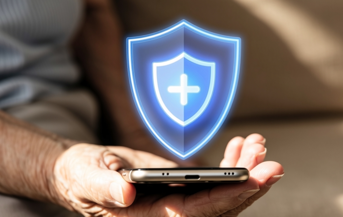 An older hand holding a smartphone, a protective shield icon hovering over it
