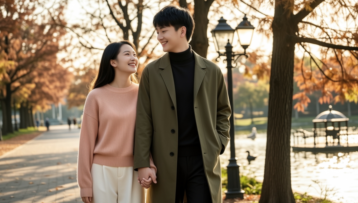A couple walking together in a park, leaning slightly towards each other
