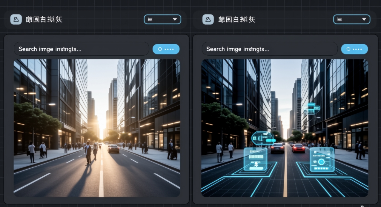 Split screen comparison of two digital profile photos with search bars, analytical interface