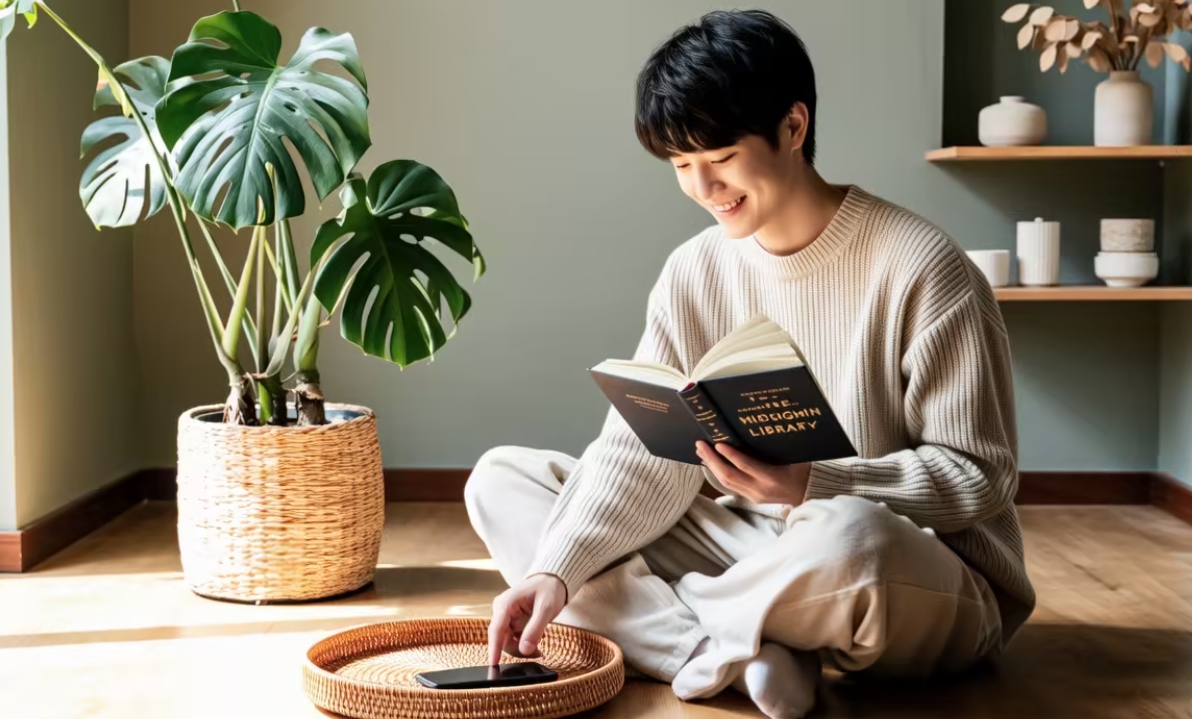 A person putting their phone down and looking out a window, peaceful atmosphere