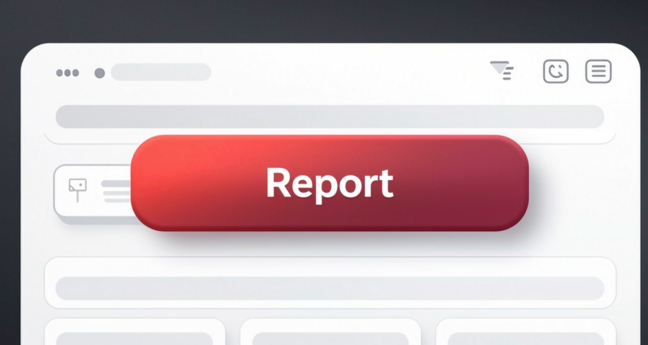 A red 'Report' button on a clean app interface, empowering and direct