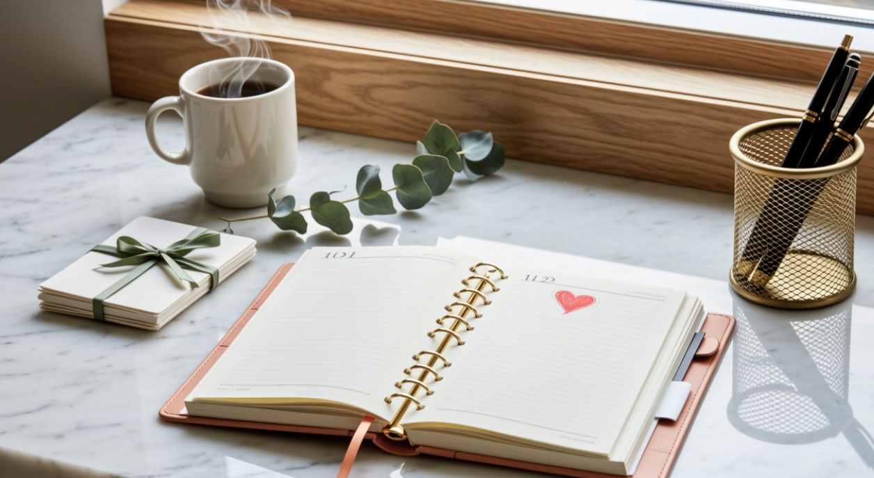 A calendar with a heart and a coffee cup on a desk