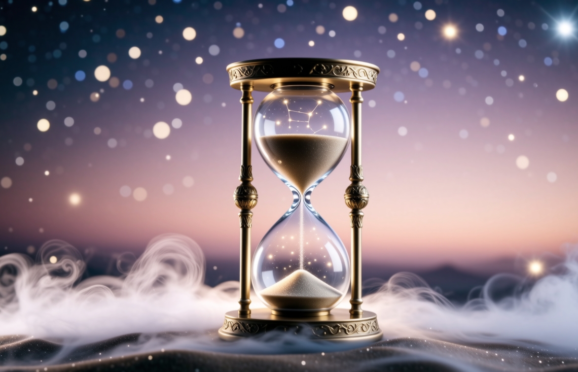 An hourglass filled with sparkling sand, representing ethereal timing in dating