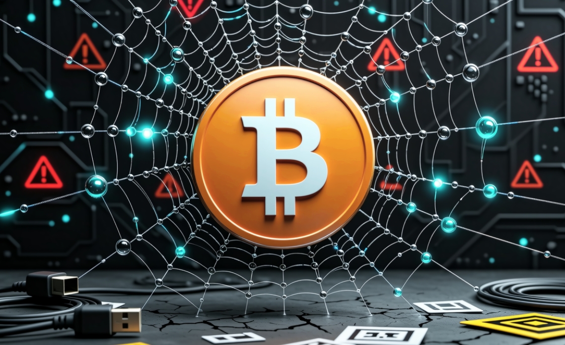 A digital Bitcoin icon wrapped in a spider web, warning and dark aesthetic