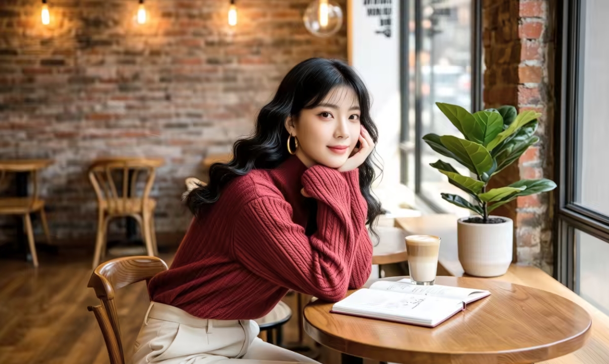 A person wearing a vibrant red sweater in a stylish cafe
