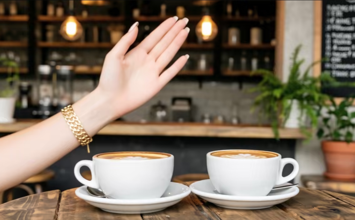 Two coffee cups on a table, one person's hand waving a friendly goodbye, soft focus