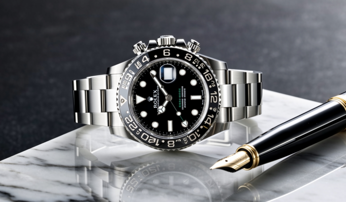 Understated luxury: a high-end watch and fountain pen on marble