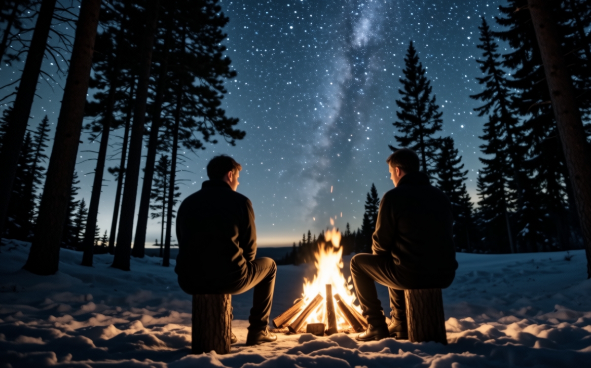 Two silhouettes talking by a campfire under a starry sky, cozy atmosphere