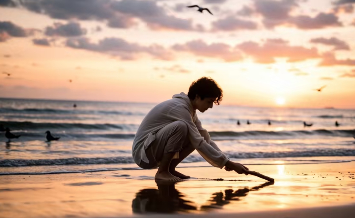 A person drawing a line in the sand with a stick, beach sunset, symbolic and peaceful