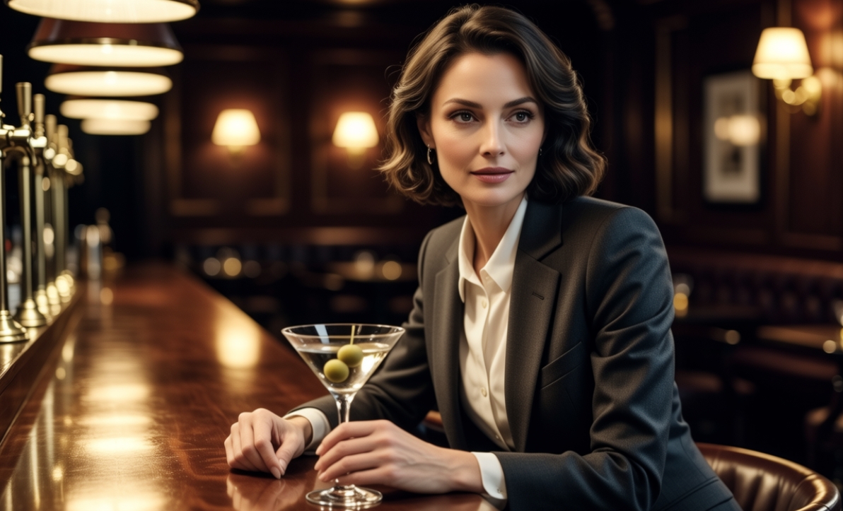 A thoughtful person enjoying a cocktail in a moody, sophisticated bar