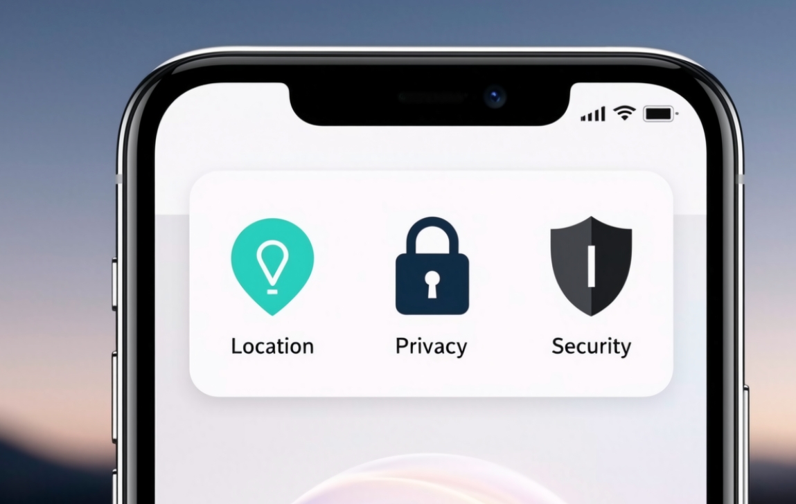 Smartphone screen with security icons: shield, lock, and location pins
