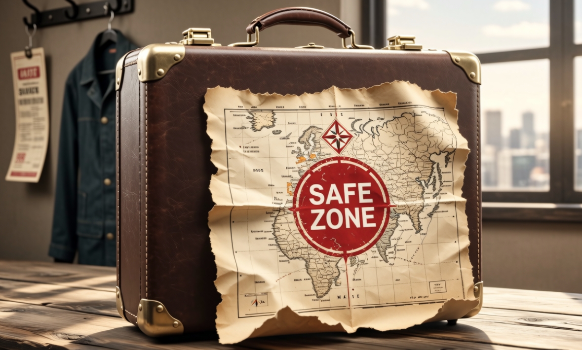 A suitcase next to a map with a safe zone marked, travel and safety theme