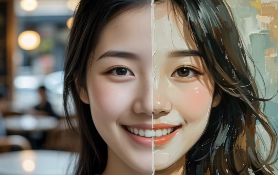 A split screen image showing the difference between a candid photo and heavy artistic editing