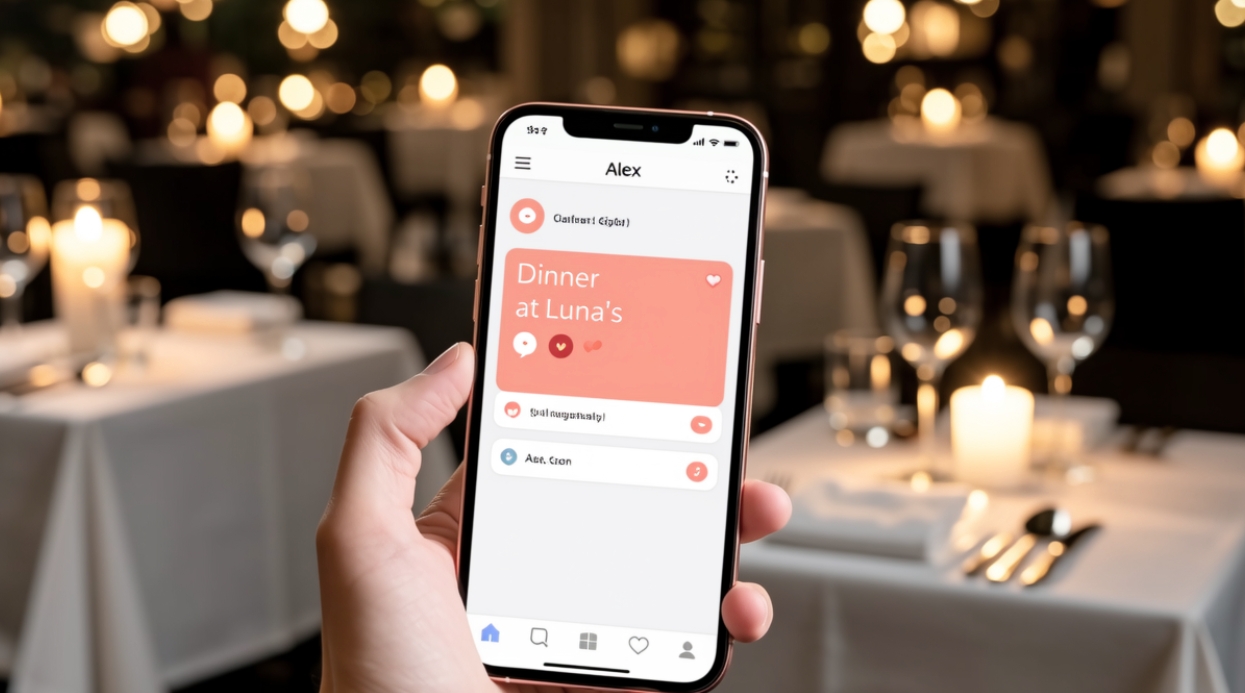 A chat interface on a phone screen showing a dinner invitation, blurred romantic background