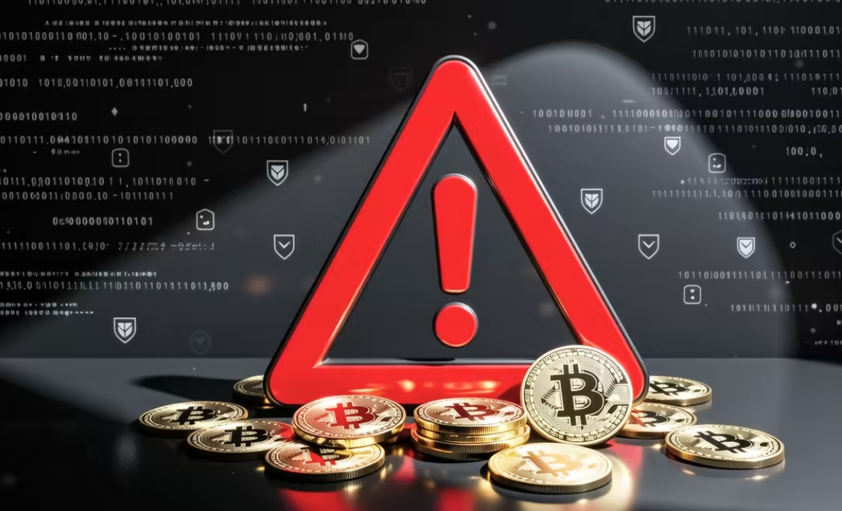 A warning icon next to a pile of digital coins, serious and protective atmosphere