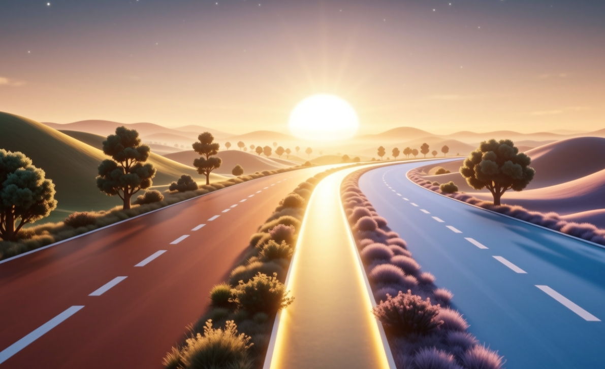 Two paths merging into one, abstract 3D landscape at sunrise
