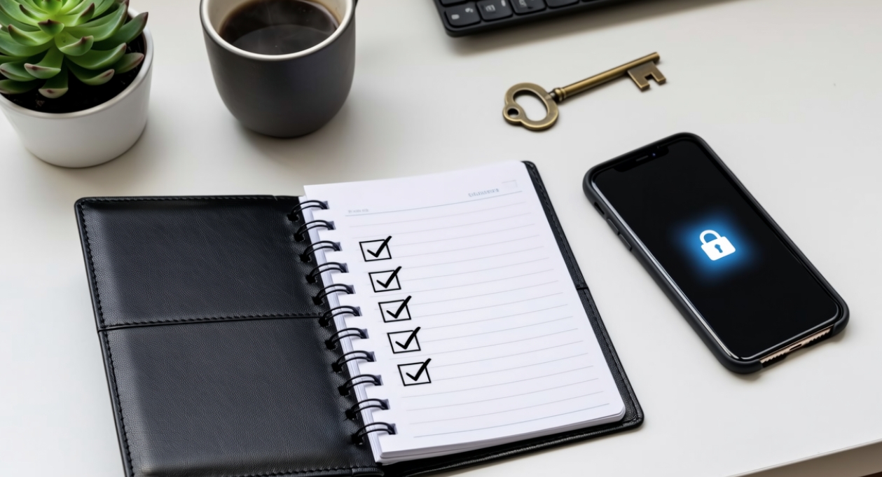 A notepad with five checked boxes, a key and a phone nearby, organized and safe atmosphere
