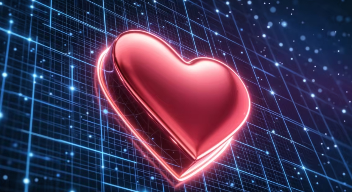 3D heart icon rising through a digital grid, representing algorithm ranking