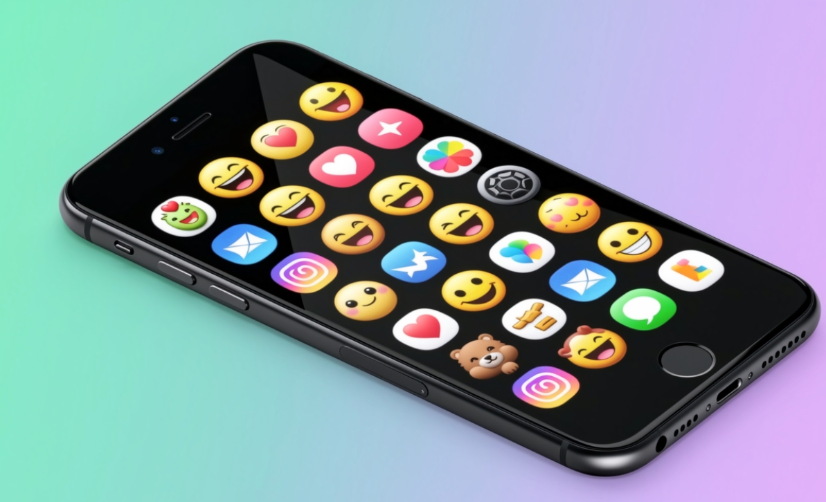A smartphone screen covered in colorful, cute emojis, playful and modern style