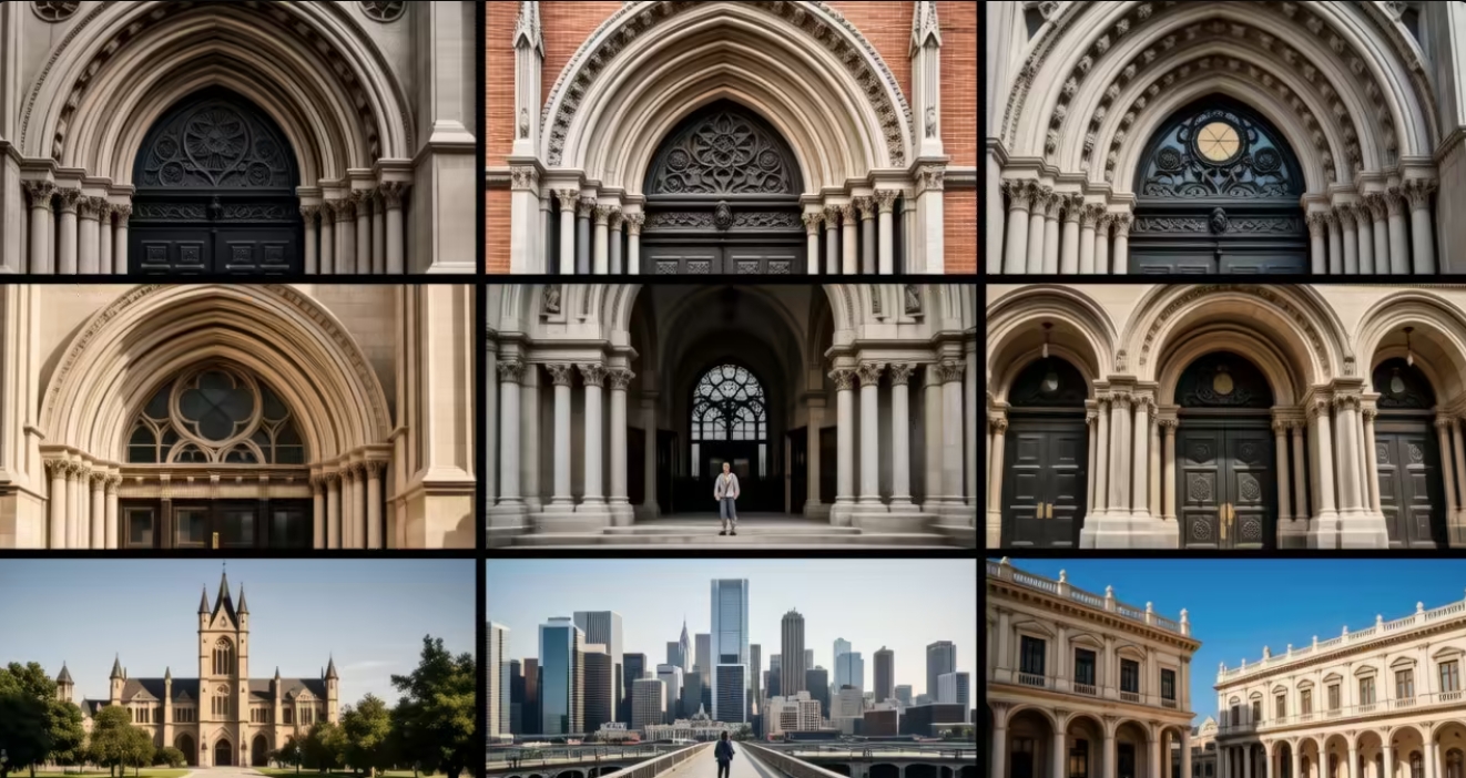 A grid of diverse architectural compositions