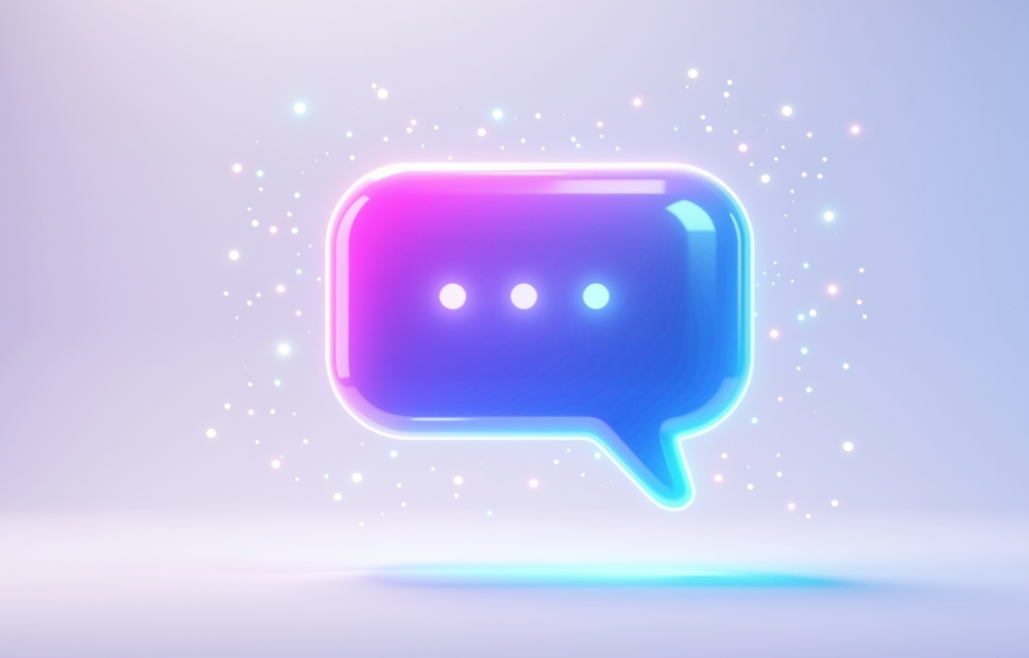 A glowing speech bubble icon floating in a minimalist space