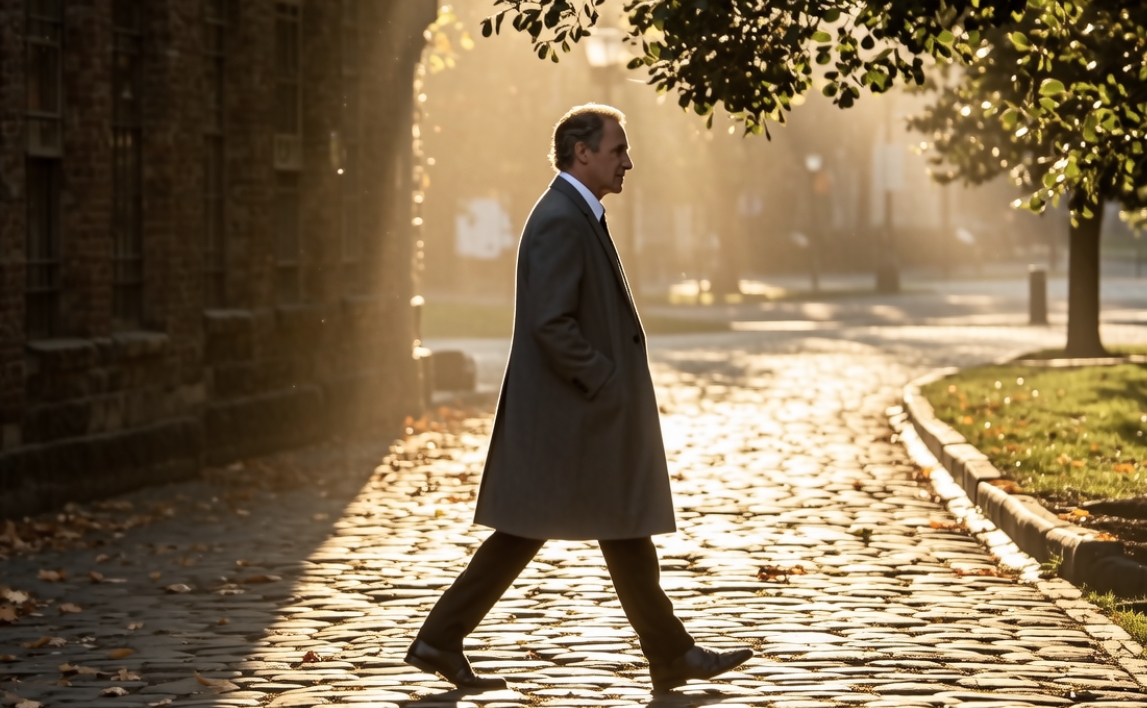 A person walking away from a dark shadow into light, empowering and symbolic