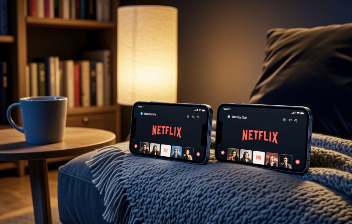 Two smartphones side-by-side on a bed, showing a shared video streaming session