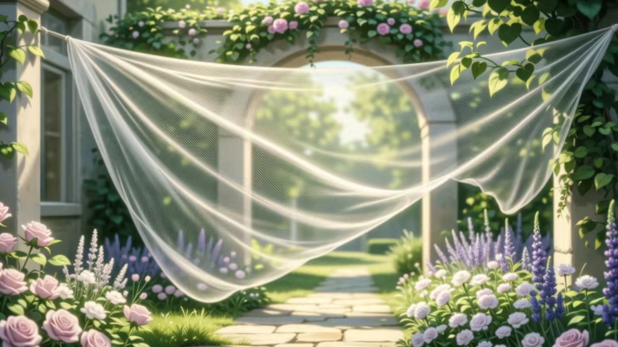 A translucent veil over a beautiful garden, artistic and balanced lighting