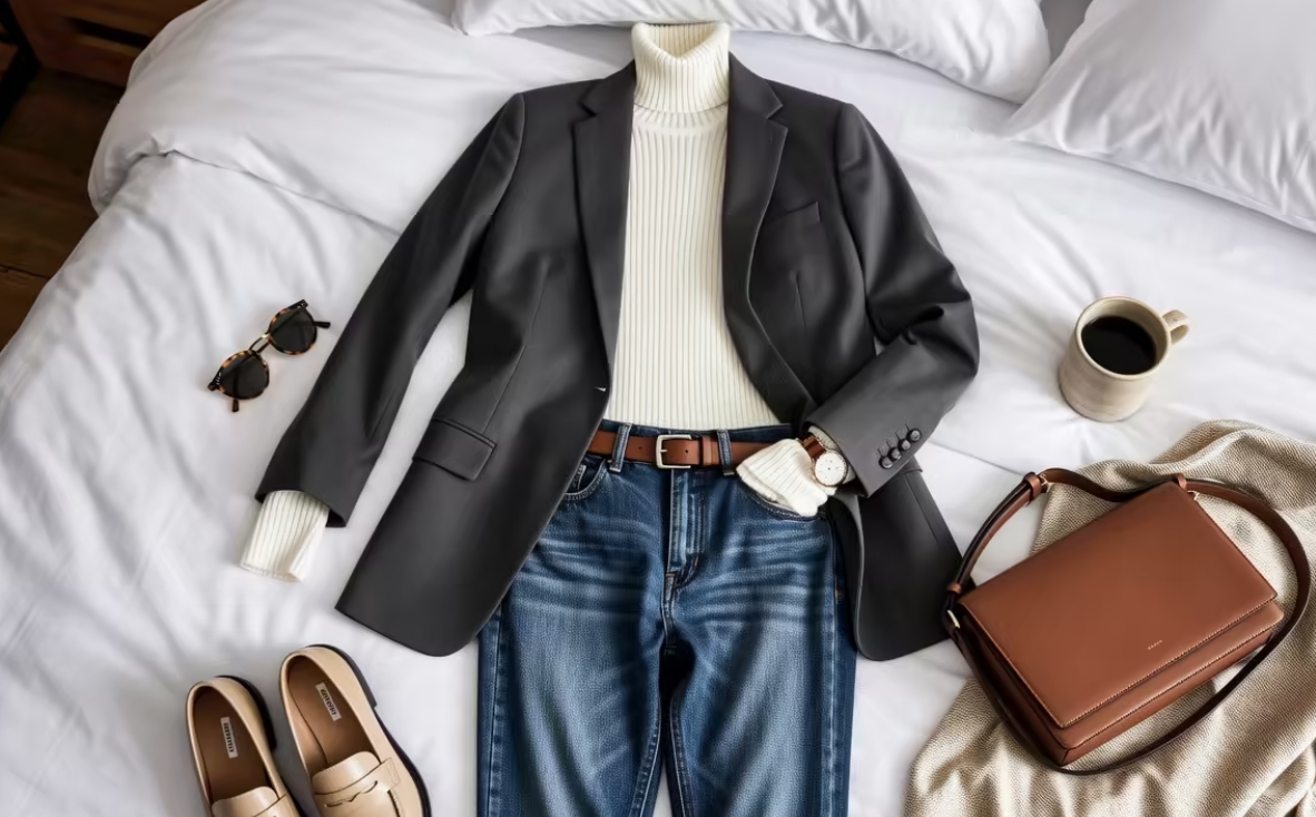 Flat lay of a stylish outfit including a blazer, sweater, jeans, and loafers