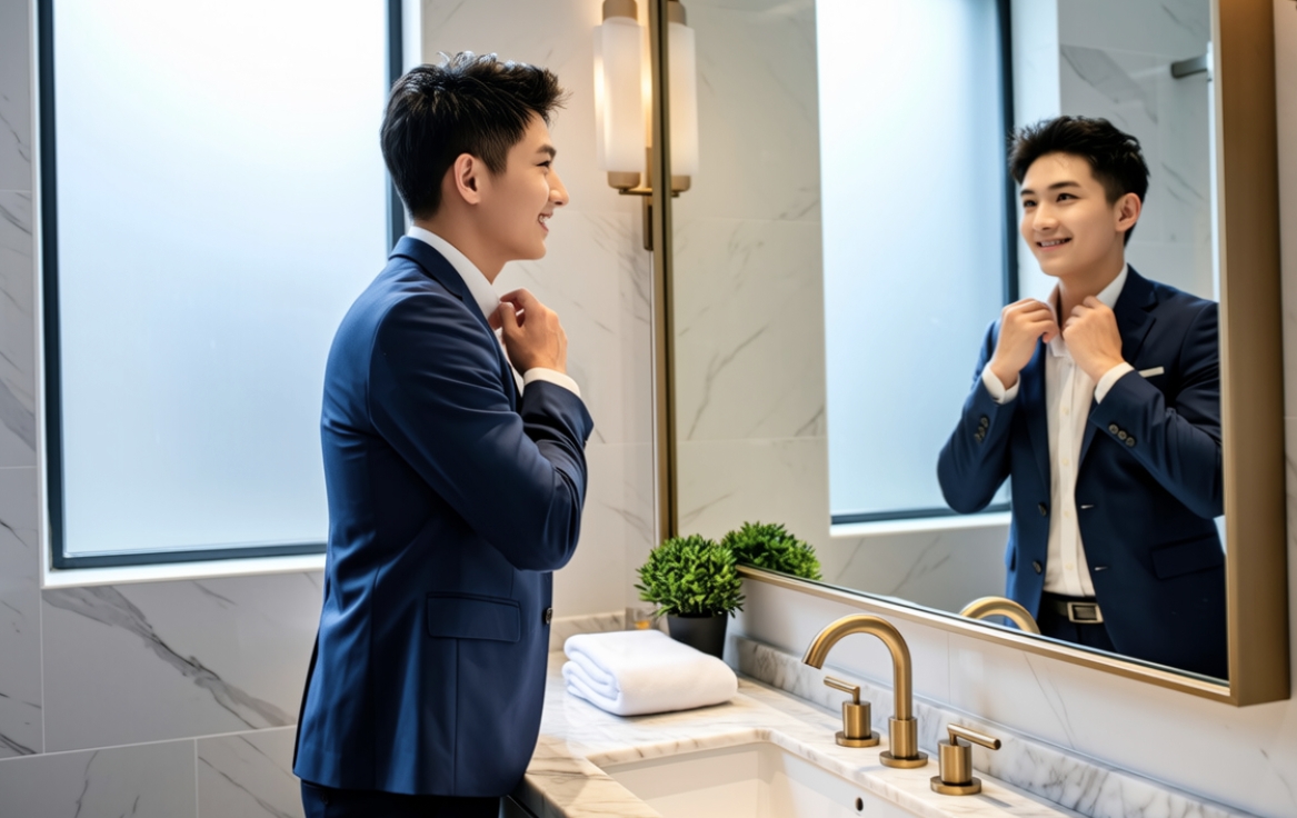 A person looking in the mirror, adjusting their collar with a confident smile