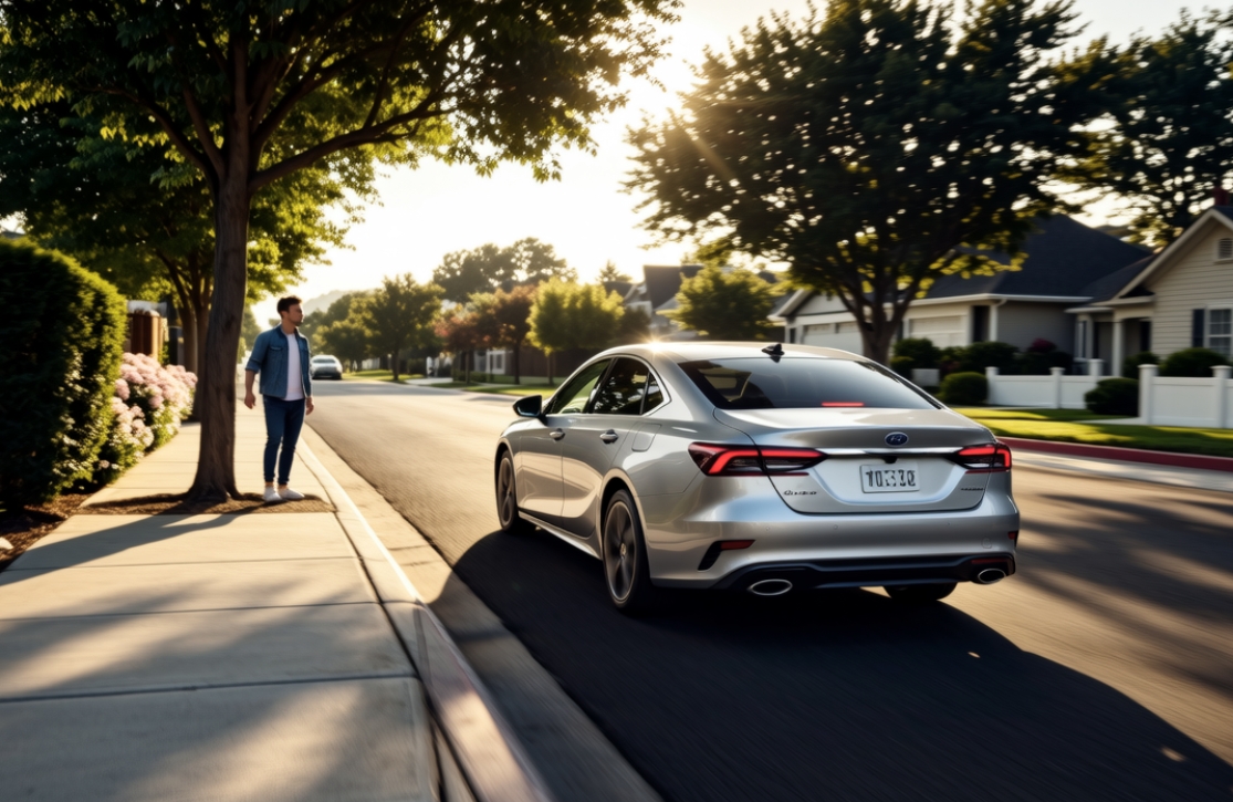 A car driving away in the distance, person standing safely on a bright sidewalk, symbolic of independence