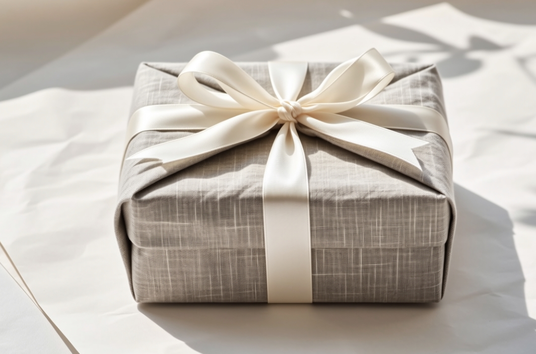 A small, elegantly wrapped gift box on a clean table