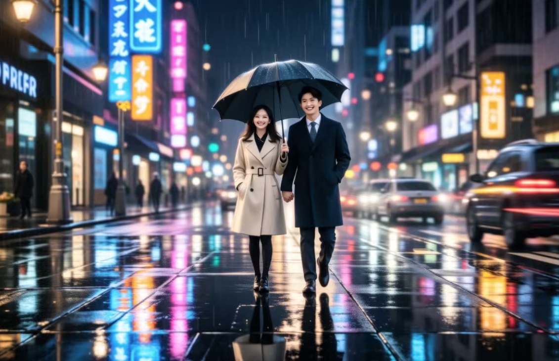A couple sharing an umbrella in the rain, city lights reflecting in puddles