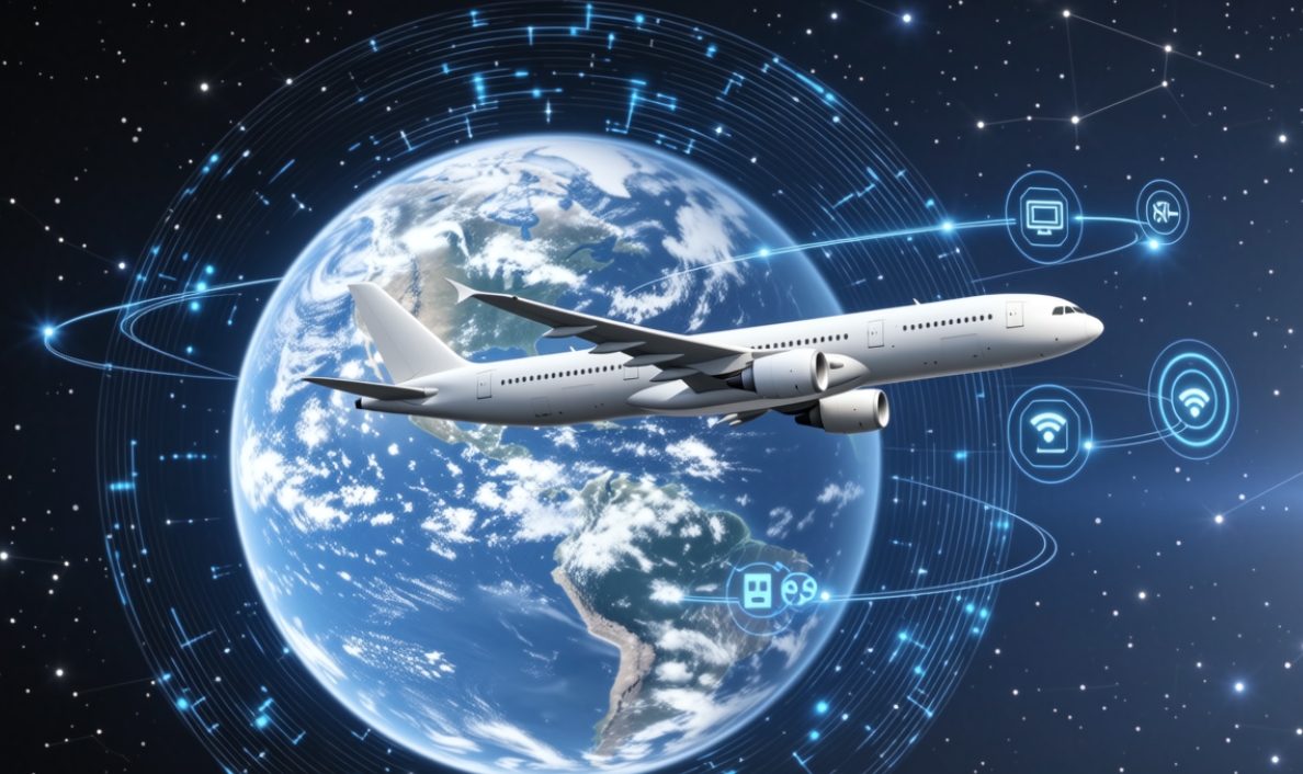 A plane flying over a digital globe with protective circles, symbolizing secure international dating