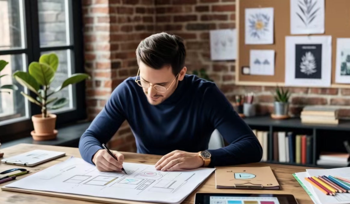 A professional working in a creative studio, looking passionate and focused