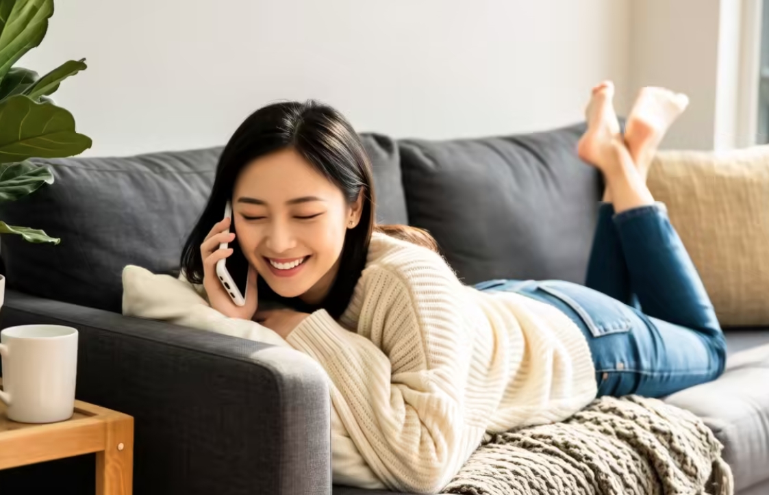 A person lying on a couch talking on the phone, relaxed and happy expression