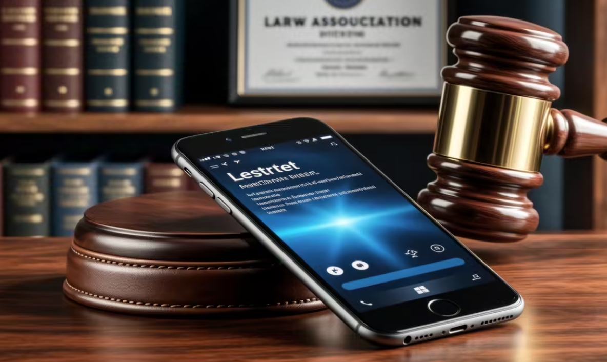 A gavel and a smartphone on a desk, professional and legal atmosphere