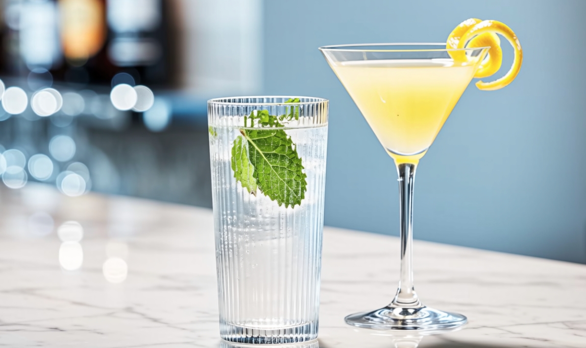 A single glass of water next to a cocktail, bright and clear-headed vibe
