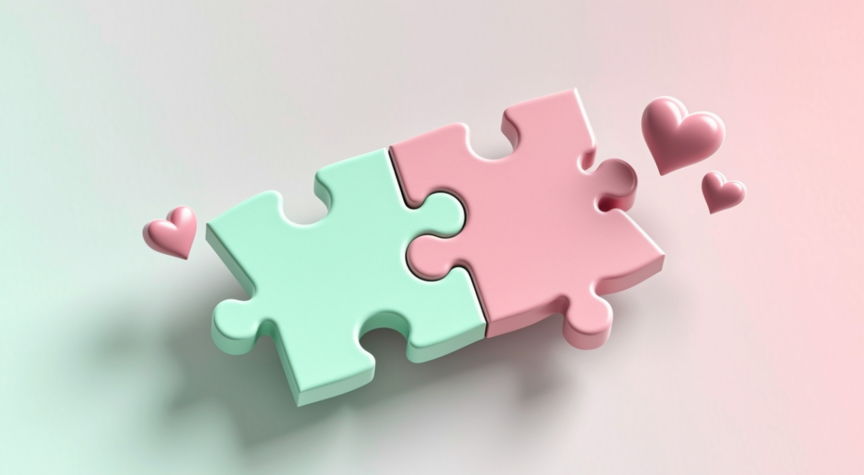 Two puzzle pieces fitting together perfectly with hearts, symbolizing compatibility