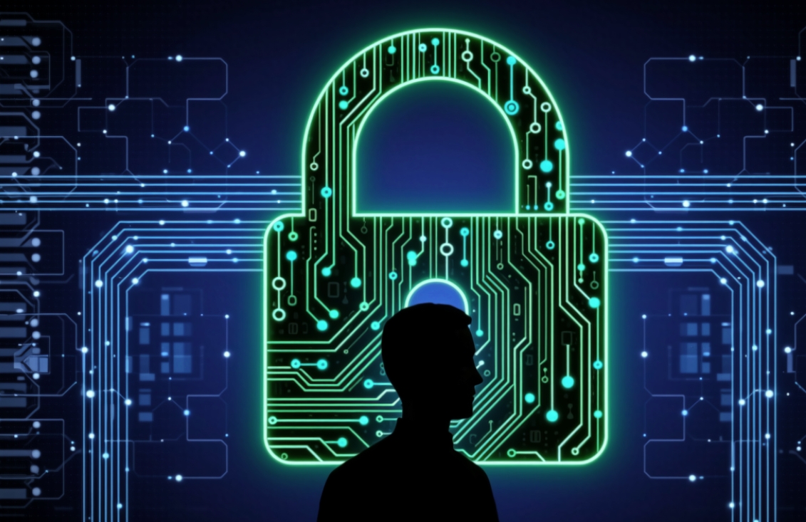 A lock icon made of digital code, protecting a silhouette of a person
