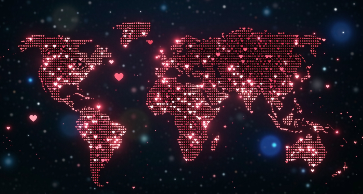 A digital world map made of glowing hearts, representing global dating
