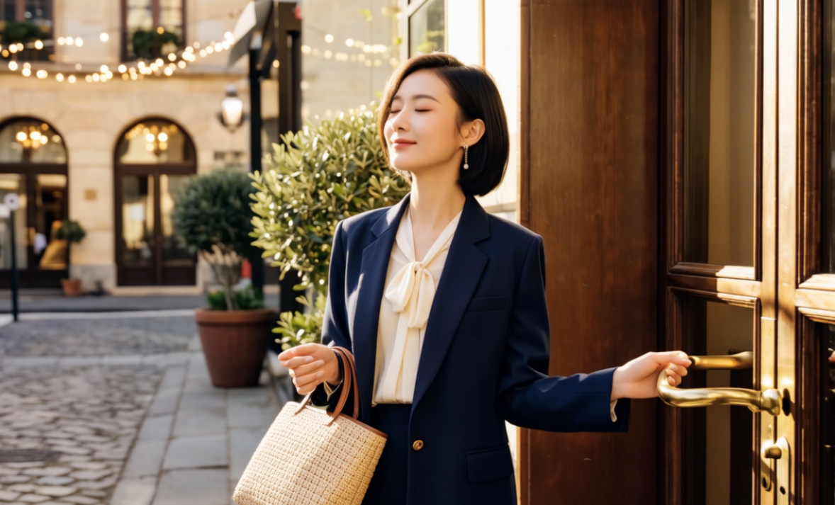 A person taking a deep breath before entering a date, soft evening lighting