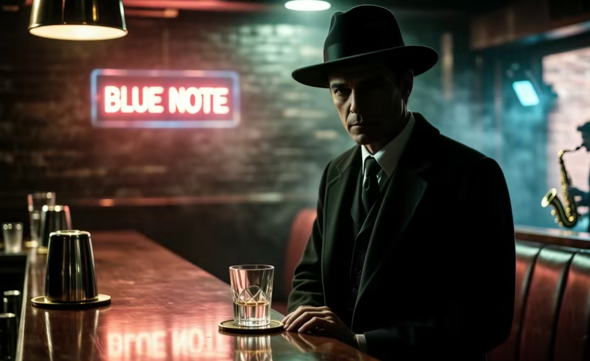 A mysterious silhouette of a person in a stylish bar, cinematic lighting