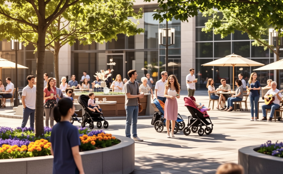 A bustling public plaza with many people, symbolizing a safe and open environment