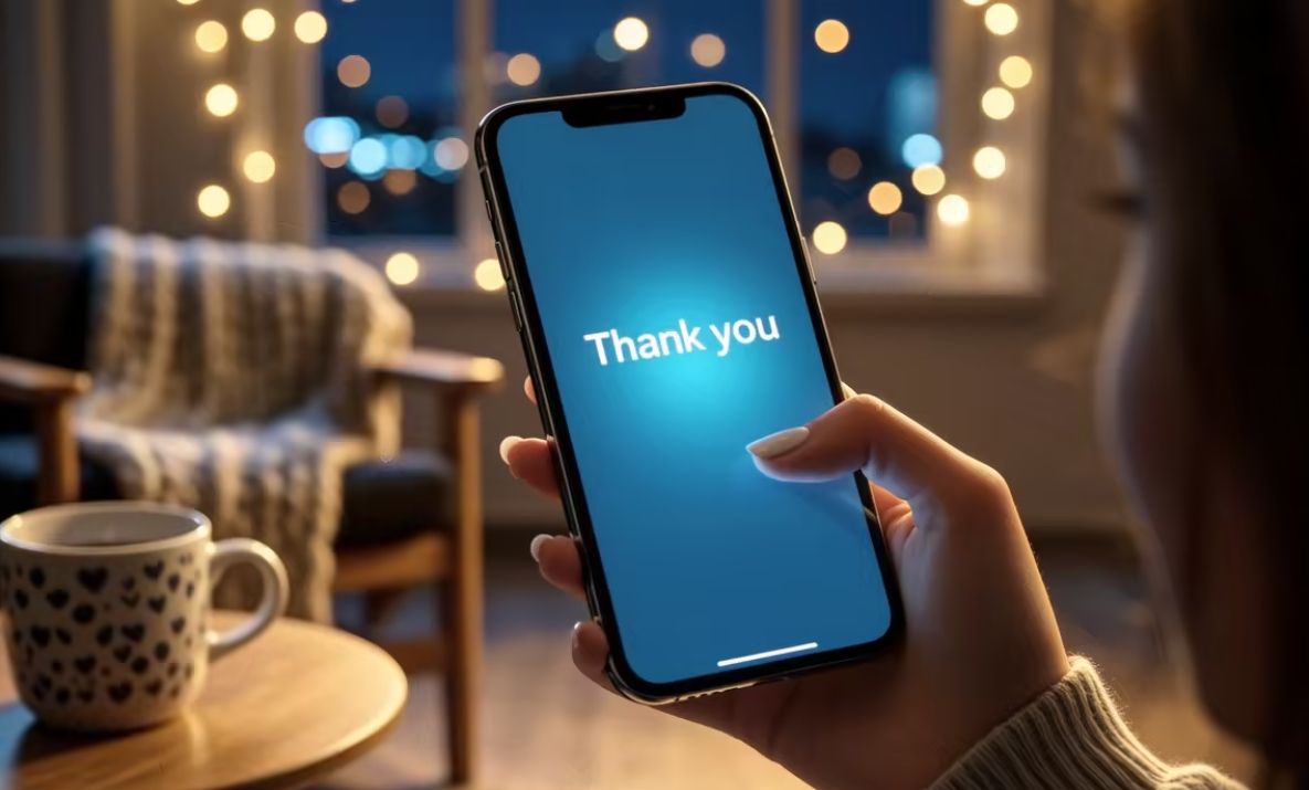 A hand holding a smartphone sending a text message late at night, warm cozy glow