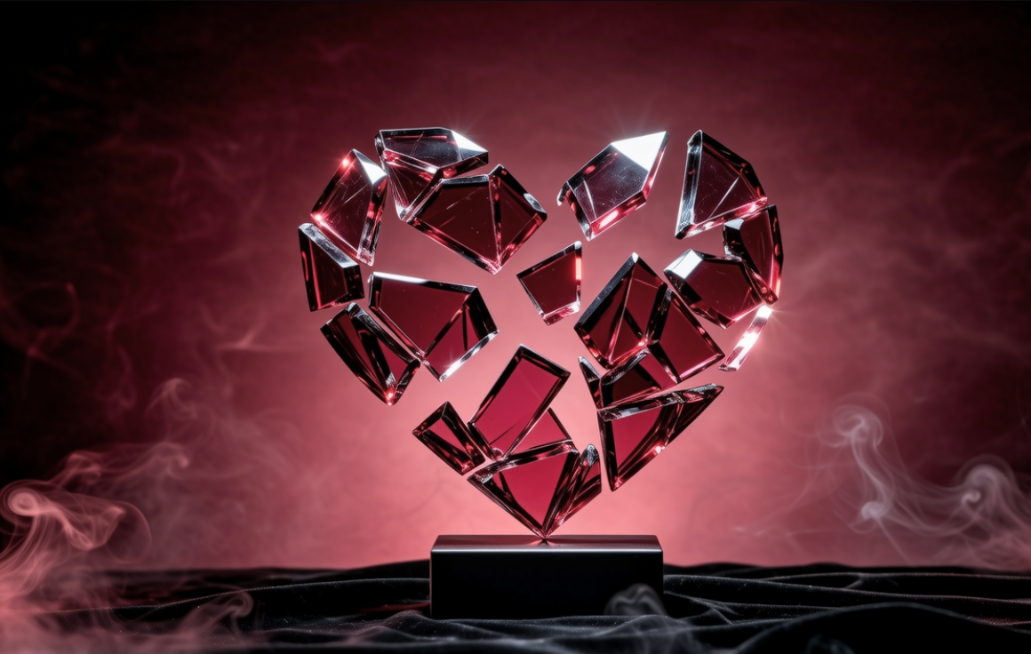 A broken heart icon made of glass shards, dramatic lighting