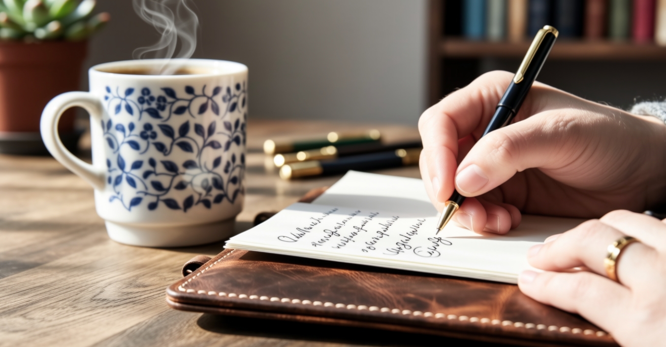 A hand writing funny notes in a notebook with a cup of coffee