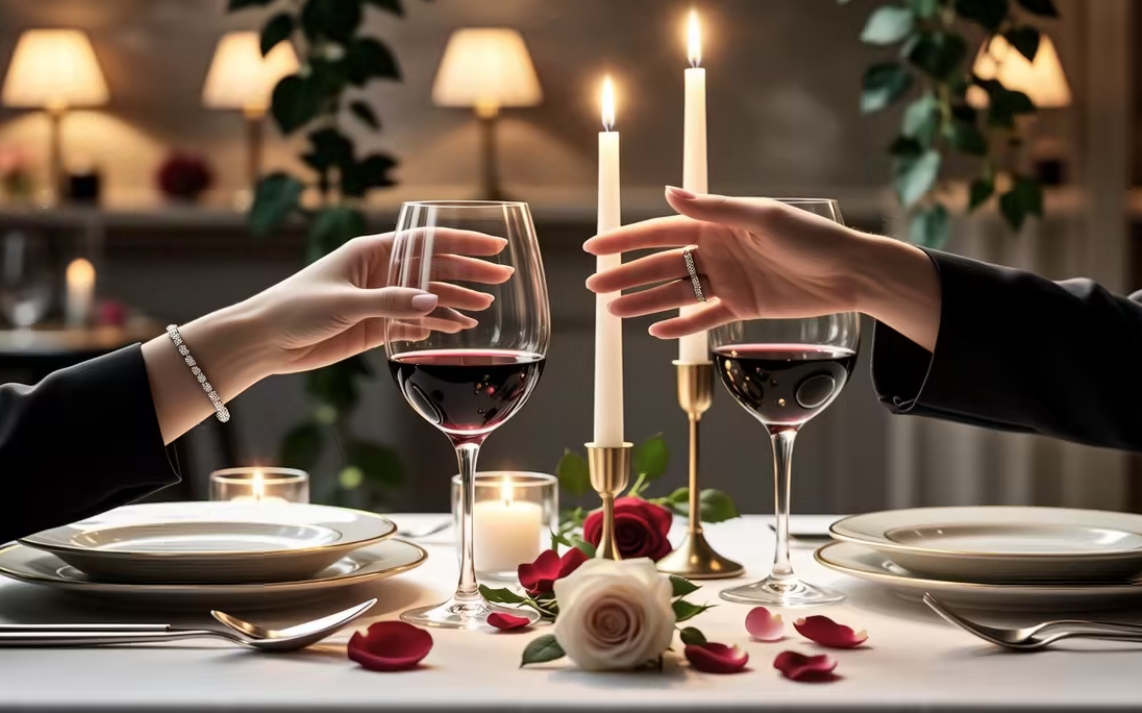 Two people laughing at a table with drinks, warm romantic lighting
