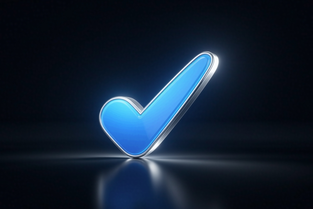 A glowing blue checkmark icon on a dark, high-tech background